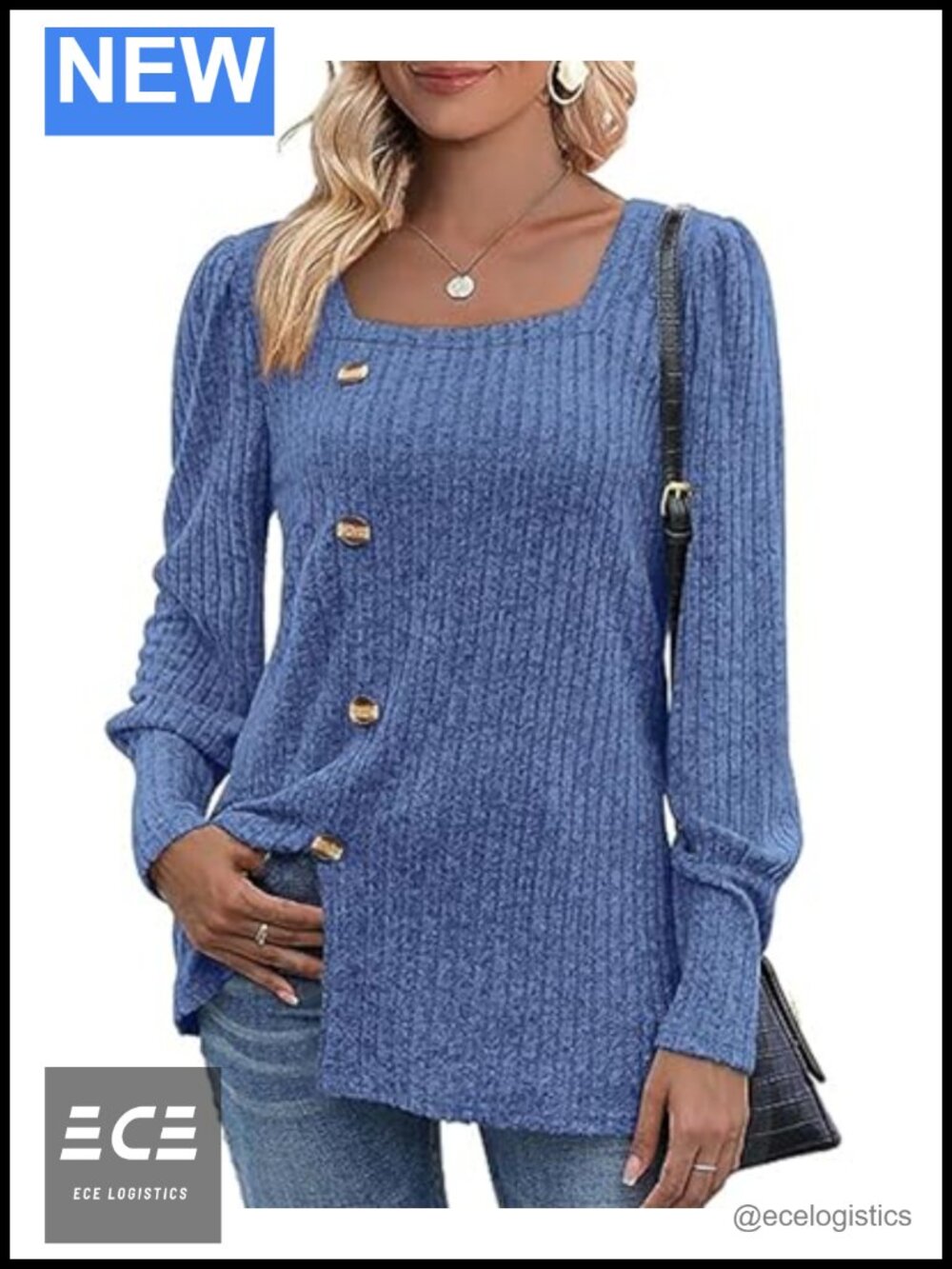 Womens Soft Square Neck Lantern Sleeve Sweater Tunic Button Side Slit Pullover
